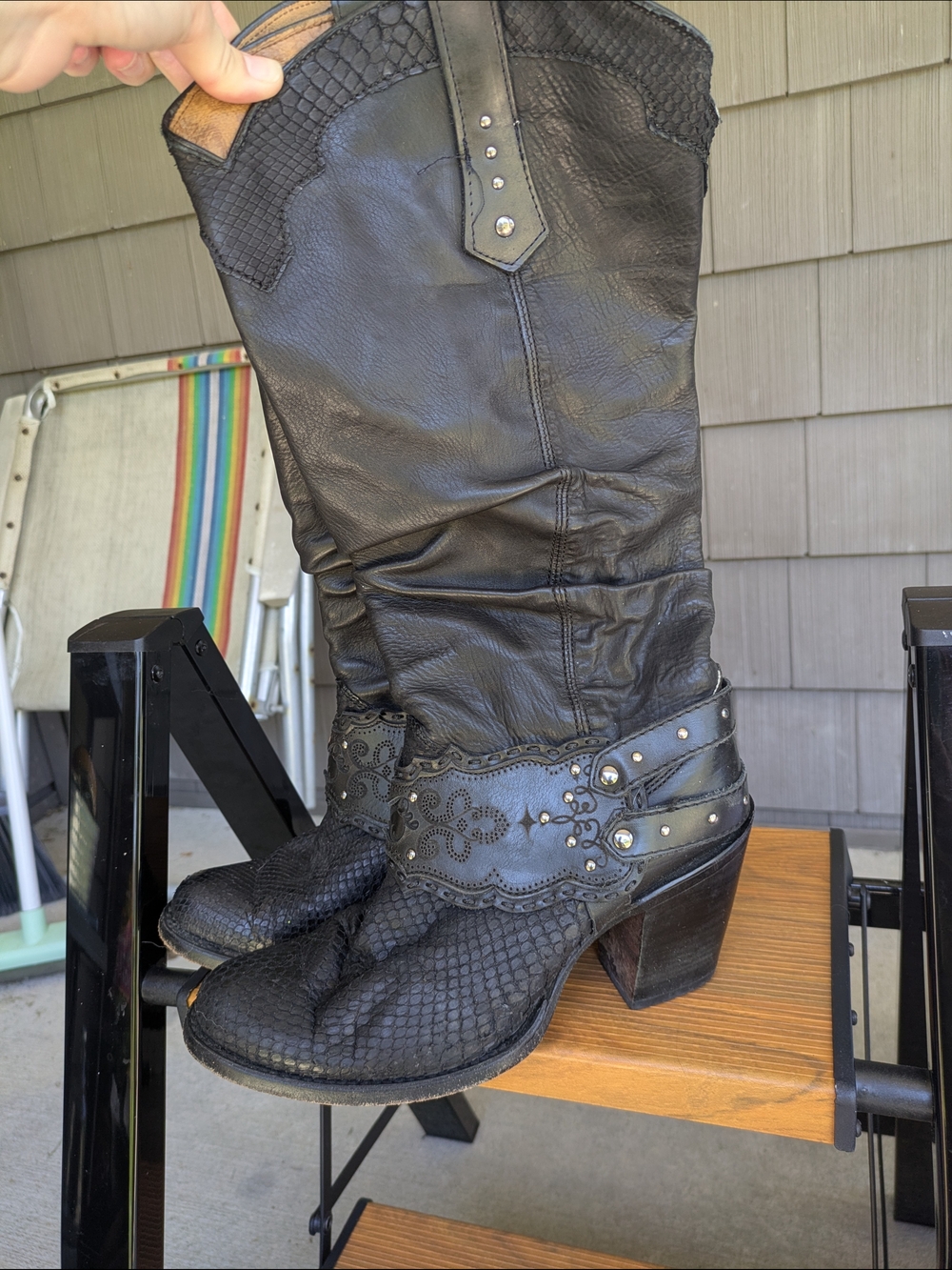 Women's Caudra Black Leather Western Heeled Boots with Studded Strap